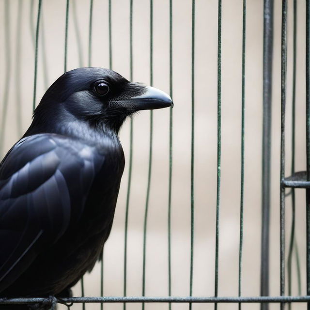 An evocative image of a crow trapped inside a cage