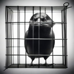 An evocative image of a crow trapped inside a cage