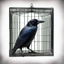 An evocative image of a crow trapped inside a cage