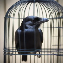 An evocative image of a crow trapped inside a cage