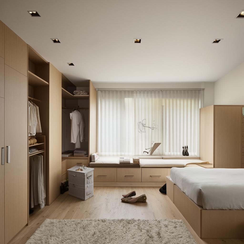 Spacious bedroom design with an attached bathroom, extensive storage space, a dressing table near the bed, a wardrobe with shoe organizer, window seating with shelves beneath, and a clever storage area for daily use items featuring a beneath extendable study table.