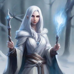 Generate an image of a female Winter Eladrin sorcerer from Dungeons and Dragons