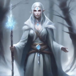 Generate an image of a female Winter Eladrin sorcerer from Dungeons and Dragons