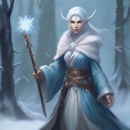 Generate an image of a female Winter Eladrin sorcerer from Dungeons and Dragons