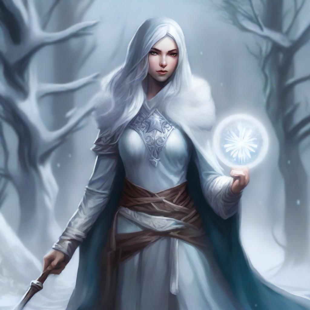 Generate an image of a female Winter Eladrin sorcerer from Dungeons and Dragons