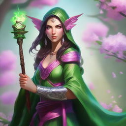 Generate an image of a D&D female spring eladrin sorcerer with green skin and pink eyes