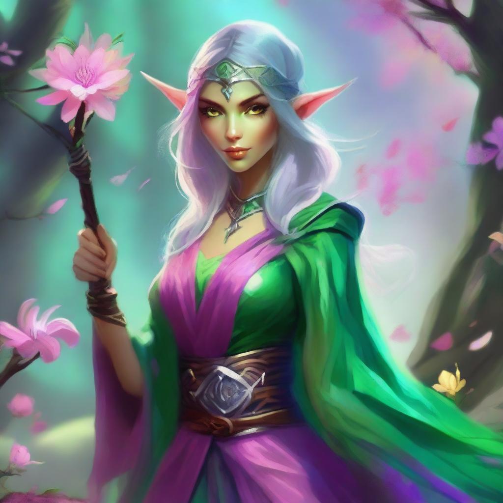 Generate an image of a D&D female spring eladrin sorcerer with green skin and pink eyes