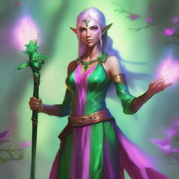 Generate an image of a D&D female spring eladrin sorcerer with green skin and pink eyes