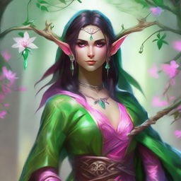 Generate an image of a D&D female spring eladrin sorcerer with green skin and pink eyes