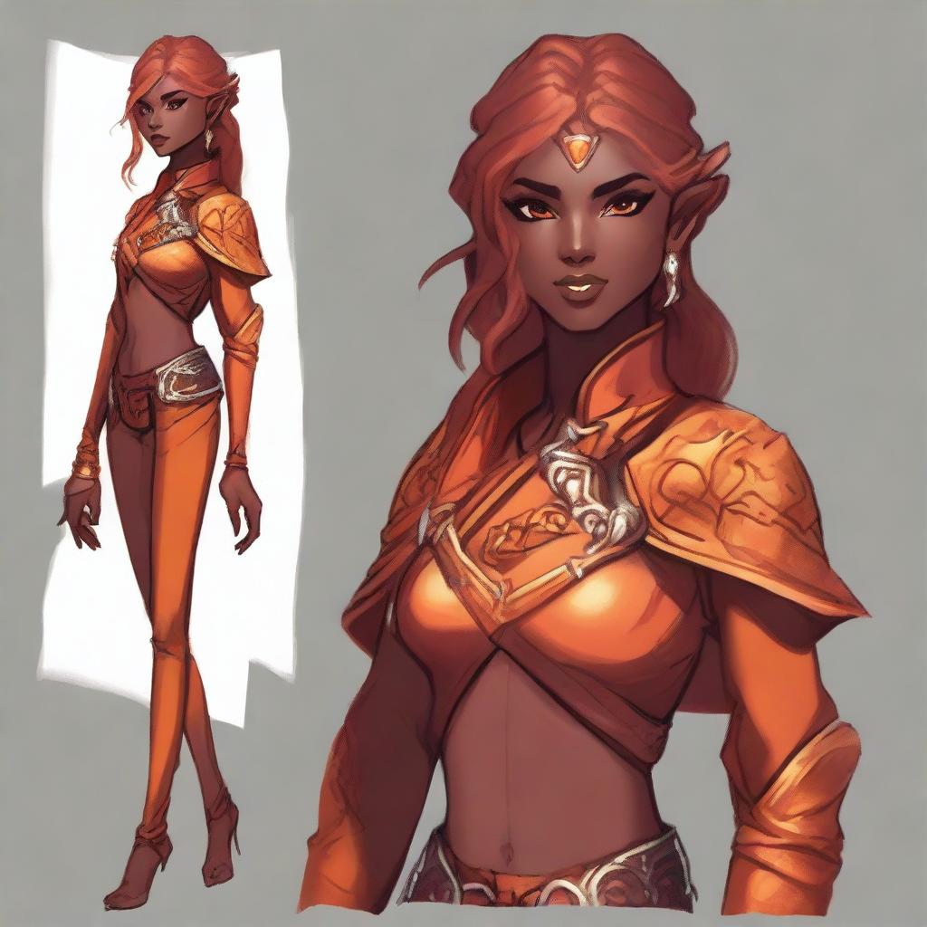 Create a high-quality drawing of a female fall eladrin from Dungeons and Dragons with brown skin