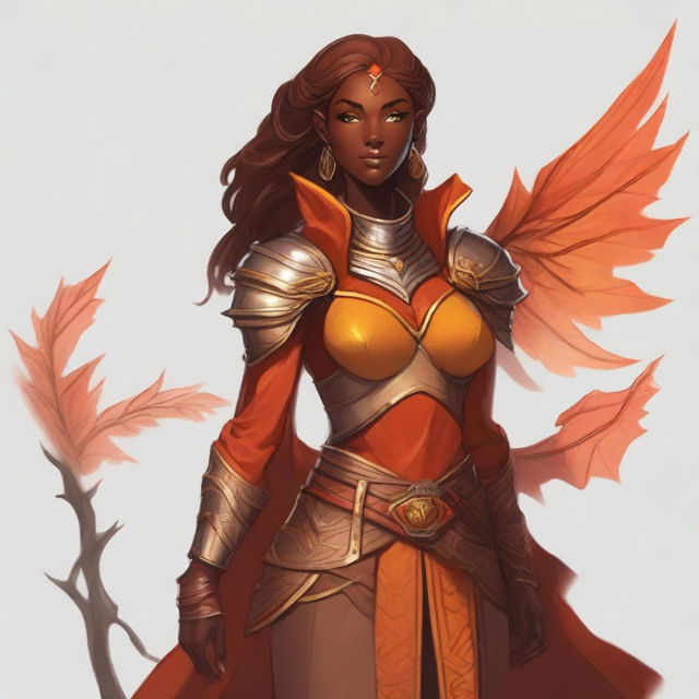 Create a high-quality drawing of a female fall eladrin from Dungeons and Dragons with brown skin