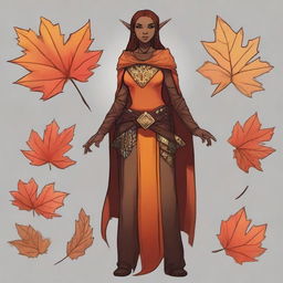 Create a high-quality drawing of a female fall eladrin from Dungeons and Dragons with brown skin