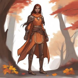 Create a high-quality drawing of a female fall eladrin from Dungeons and Dragons with brown skin