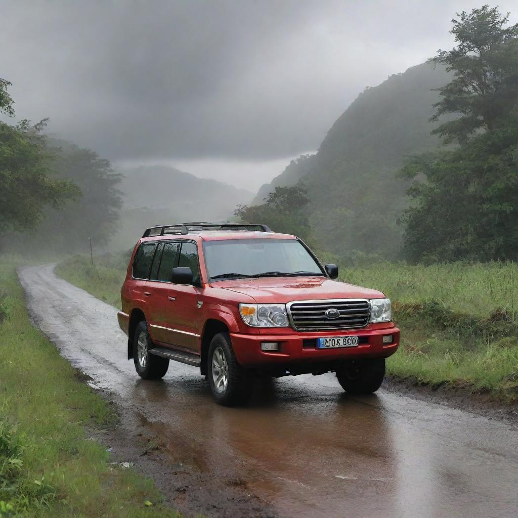 A red 2023 luxury V8 Land Cruiser on a deserted village road amidst lush greenery, displayed from the front with a partial side view. Render the image in a cartoon or clipart style, under overcast, rain-laden clouds, optimized for a laptop desktop background.