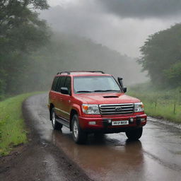 A red 2023 luxury V8 Land Cruiser on a deserted village road amidst lush greenery, displayed from the front with a partial side view. Render the image in a cartoon or clipart style, under overcast, rain-laden clouds, optimized for a laptop desktop background.