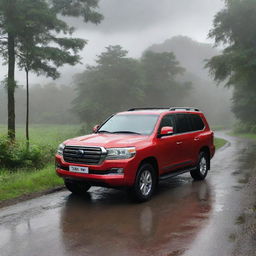 A red 2023 luxury V8 Land Cruiser on a deserted village road amidst lush greenery, displayed from the front with a partial side view. Render the image in a cartoon or clipart style, under overcast, rain-laden clouds, optimized for a laptop desktop background.