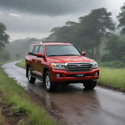 A red 2023 luxury V8 Land Cruiser on a deserted village road amidst lush greenery, displayed from the front with a partial side view. Render the image in a cartoon or clipart style, under overcast, rain-laden clouds, optimized for a laptop desktop background.