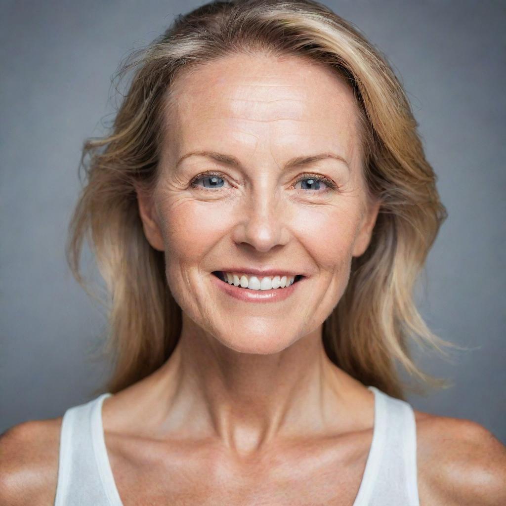 A portrait of a radiant woman over 50, exuding health and vitality, her skin glowing after a successful detox program