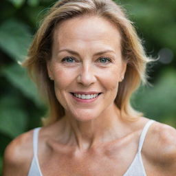 A portrait of a radiant woman over 50, exuding health and vitality, her skin glowing after a successful detox program