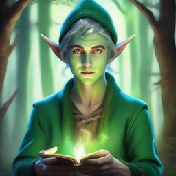 Generate an image of a sorcerer elf with green skin