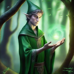 Generate an image of a sorcerer elf with green skin