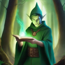 Generate an image of a sorcerer elf with green skin