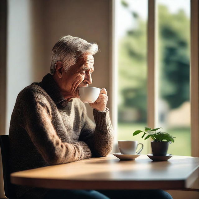 Create an image of a man peacefully sipping his morning coffee