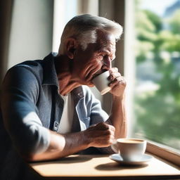 Create an image of a man peacefully sipping his morning coffee