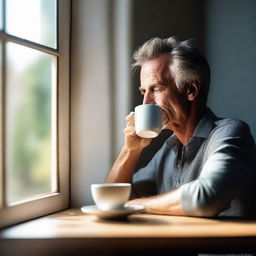 Create an image of a man peacefully sipping his morning coffee