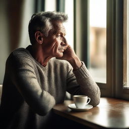 Create an image of a man peacefully sipping his morning coffee