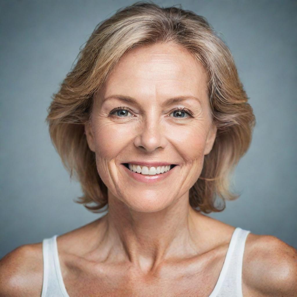 A portrait of a radiant woman over 50, exuding health and vitality, her skin glowing after a successful detox program