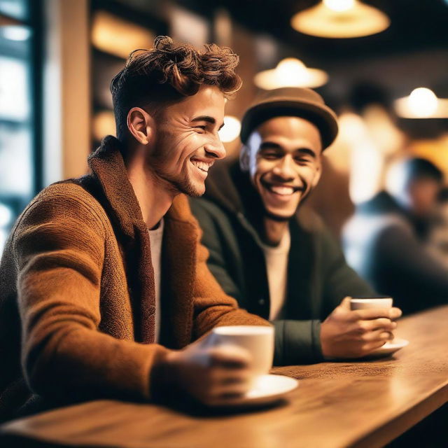 Generate an image of a young man sitting in a cozy café, sipping on his hot coffee