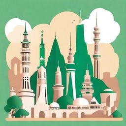 Create a cartoon image depicting a cityscape that represents a blend of Saudi Arabia and Japan