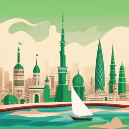 Create a cartoon image depicting a cityscape that represents a blend of Saudi Arabia and Japan