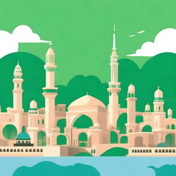 Create a cartoon image depicting a cityscape that represents a blend of Saudi Arabia and Japan