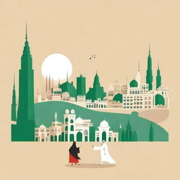 Create a cartoon image depicting a cityscape that represents a blend of Saudi Arabia and Japan