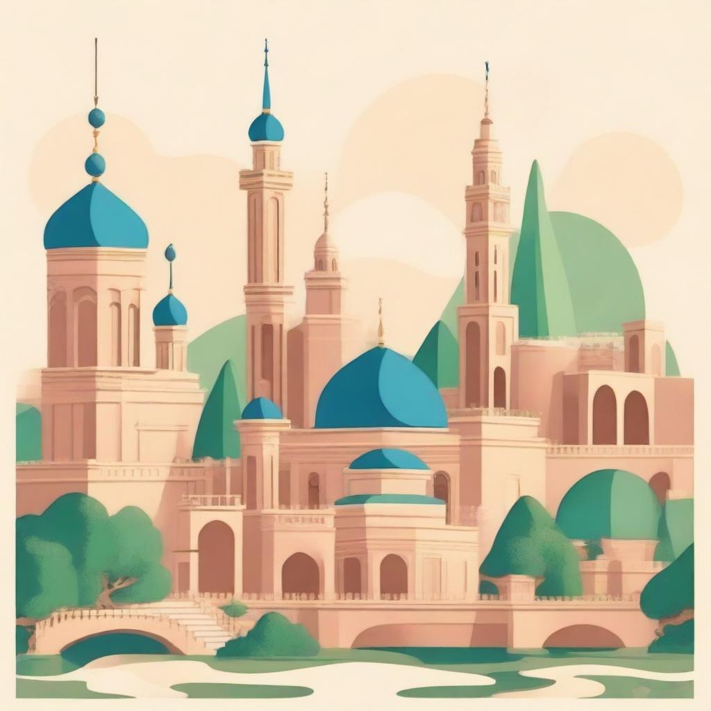 Create a cartoon image that combines elements of cities from Saudi Arabia and Japan