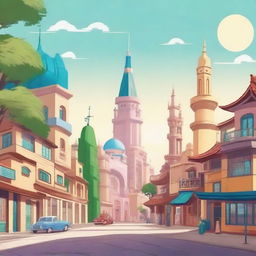 Create a cartoon image that combines elements of cities from Saudi Arabia and Japan