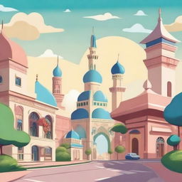 Create a cartoon image that combines elements of cities from Saudi Arabia and Japan