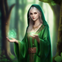 Generate an image of a female sorcerer elf with green skin