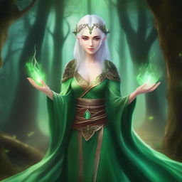 Generate an image of a female sorcerer elf with green skin