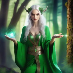 Generate an image of a female sorcerer elf with green skin