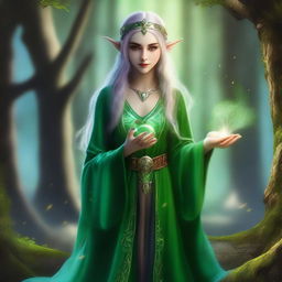 Generate an image of a female sorcerer elf with green skin