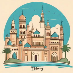 Draw a simple cartoon image that combines elements of cities from Saudi Arabia and Japan