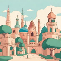 Draw a simple cartoon image that combines elements of cities from Saudi Arabia and Japan