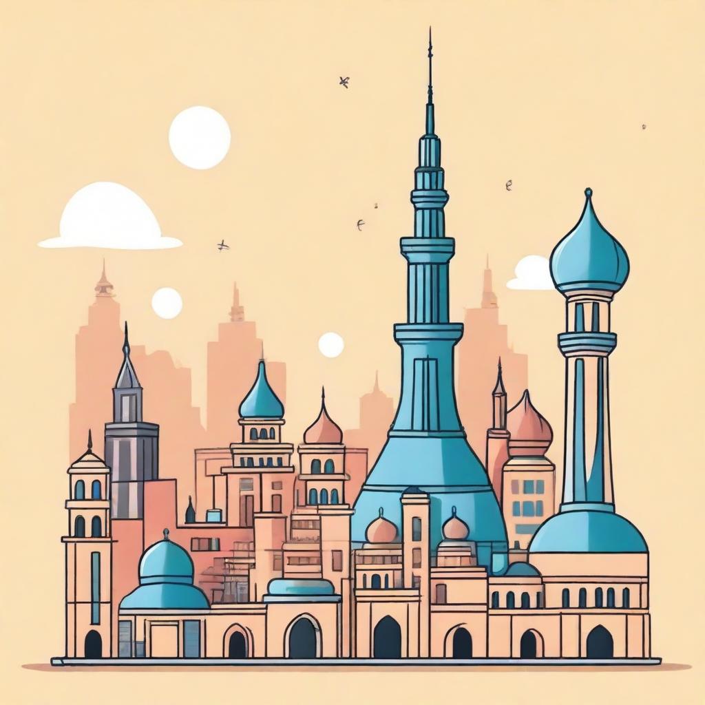 Draw a simple cartoon image that combines elements of cities from Saudi Arabia and Japan