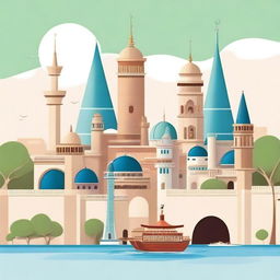 Draw a simple cartoon image that combines elements of cities from Saudi Arabia and Japan