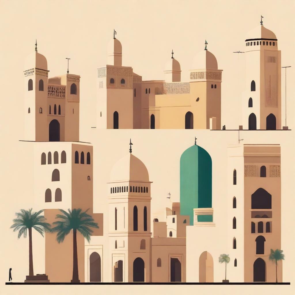 Create a 2D representation of a city in Saudi Arabia, capturing the unique architectural style and cultural elements.