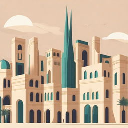 Create a 2D representation of a city in Saudi Arabia, capturing the unique architectural style and cultural elements.