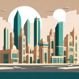 Create a 2D representation of a city in Saudi Arabia, capturing the unique architectural style and cultural elements.